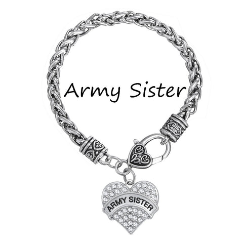Army Sister Crystal Heart Charm Bracelet Silver Plated