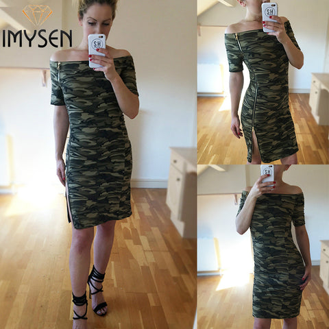 IMYSEN Summer Autumn Casual Camouflage Printed Dress Women New Arrive Slash Neck Short Sleeve Mini Dress Empire Vestido